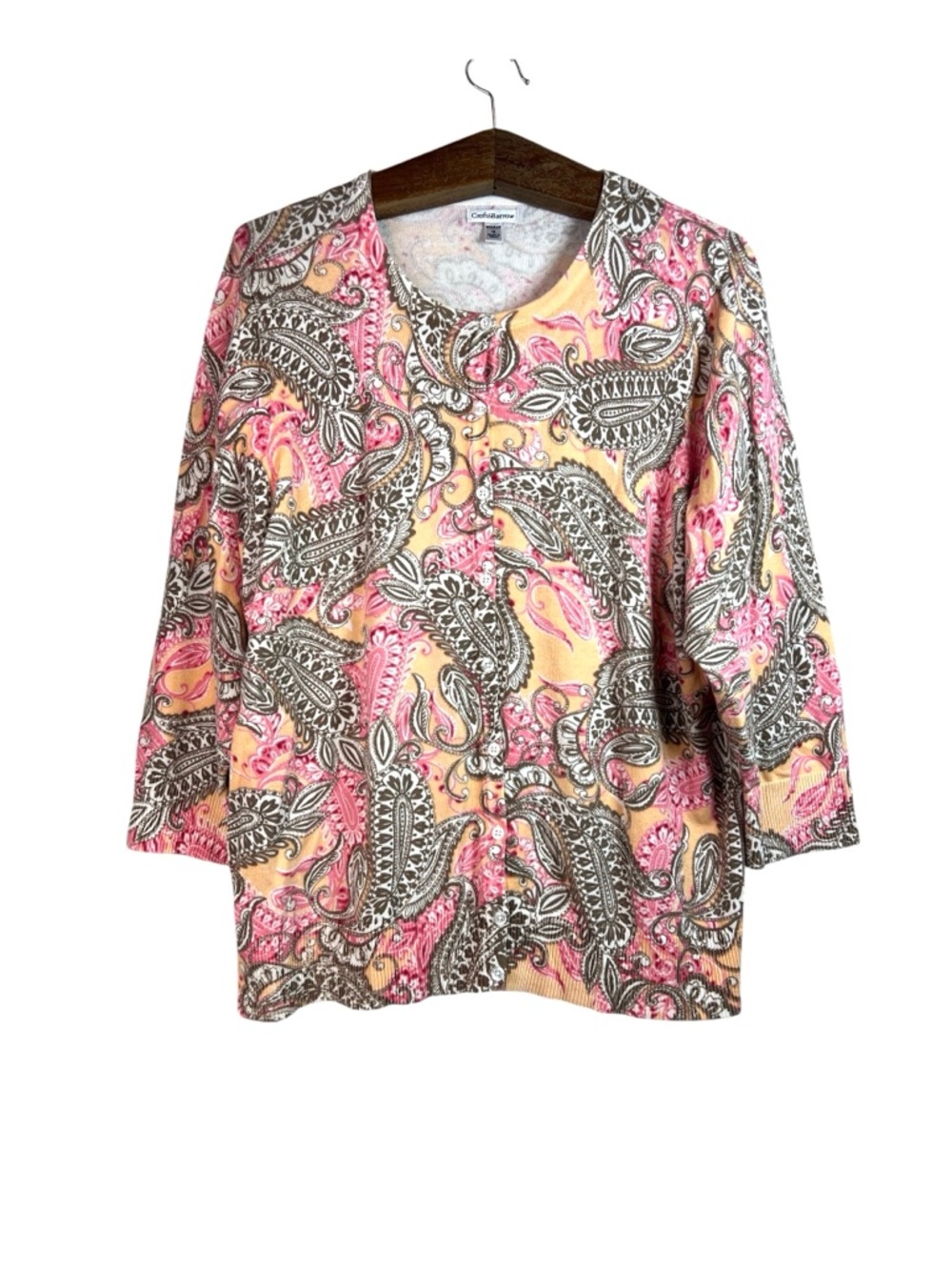 Croft & Barrow Paisley Cardigan Women 3/4 Sleeve Button Front Pink Orange Sz 1X